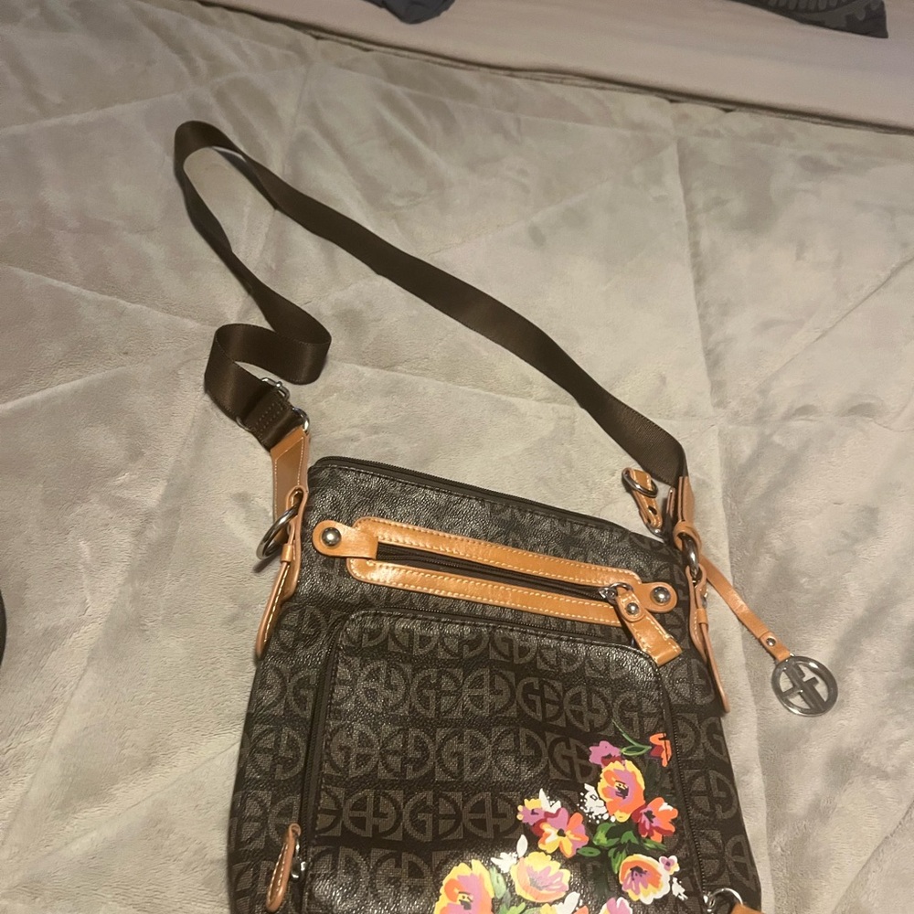 Brown Crossbody Bag with Floral Design